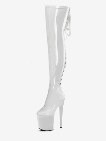 ホワイト セクシーなハイヒールブーツラウンドトゥジッパースティレットヒールボールブラックスカイハイヒールオーバーザニーブーツ ポールダンスシューズ