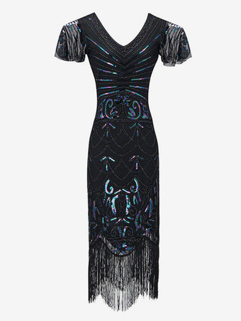 Black Flapper Dress 1920s Sequin Fringe Cap Sleeves Great Gatsby Dress Retro Dress with Tassels