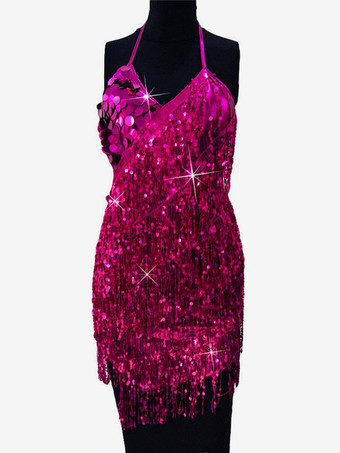 ローズレッドラテンダンスドレス　2025　ゴールド　レディース　フリンジ 　スパンコールダンシングコスチュームハロウィン