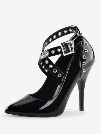 ブラック 女性のセクシーなハイヒールPUレッドポインテッドトゥスパンコールセクシーシューズ