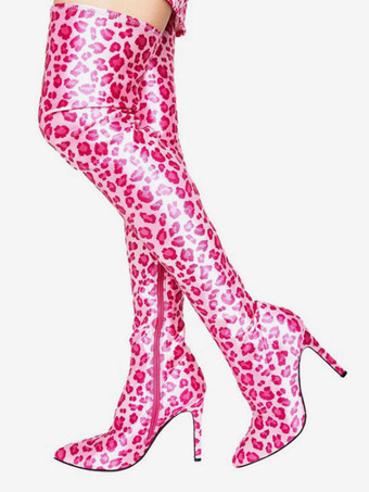 オーバーザニー ブルー ポインテッドトゥ ブライトレザー サイハイブーツ