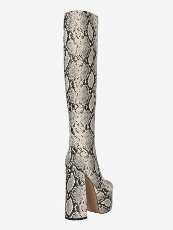 ロングブーツパイソンラウンドトゥスネークプリントチャンキーヒール膝丈ブーツ女性用
