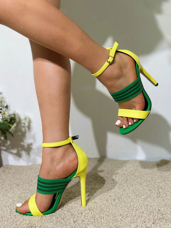 イエロー女性用ヒール サンダル ラウンド トゥ スティレット ヒール サンダル