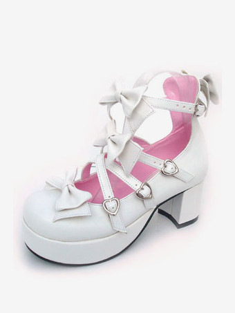 ロリィタシューズ　スウィート　チャンキーヒール　靴　リボン　丸いつま先　ラウンドトゥ