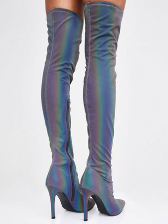 オーバーザニー ブルー ポインテッドトゥ ブライトレザー サイハイブーツ