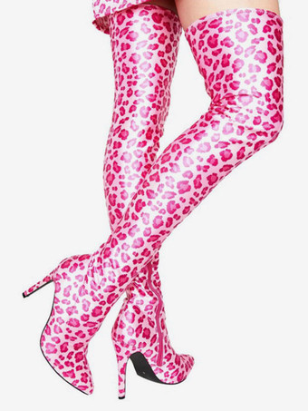 オーバーザニー ブルー ポインテッドトゥ ブライトレザー サイハイブーツ