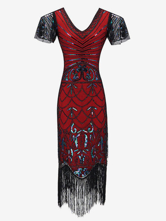 Red Flapper Dress 1920s Sequin Fringe Cap Sleeves Great Gatsby Dress Retro Dress with Tassels