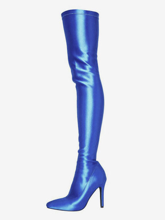 オーバーザニー ブルー ポインテッドトゥ ブライトレザー サイハイブーツ