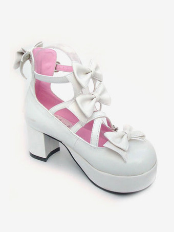ロリィタシューズ　スウィート　チャンキーヒール　靴　リボン　丸いつま先　ラウンドトゥ