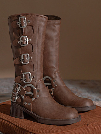 Bottes D'Équitation Marron Pour Femmes Avec Détail De Boucle À Talons Épais