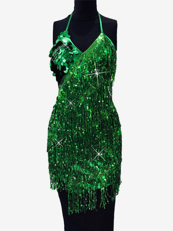 グリーン ラテンダンスドレス　2025　ゴールド　レディース　フリンジ 　スパンコールダンシングコスチュームハロウィン