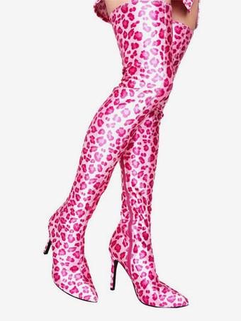 オーバーザニー ブルー ポインテッドトゥ ブライトレザー サイハイブーツ