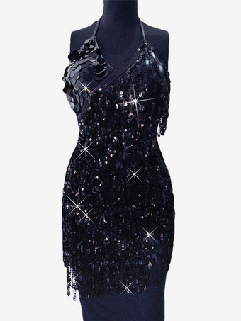 ブラック ラテンダンスドレス　2025　ゴールド　レディース　フリンジ 　スパンコールダンシングコスチュームハロウィン