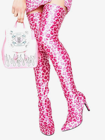 ピーチオーバーザニー ブルー ポインテッドトゥ ブライトレザー サイハイブーツ