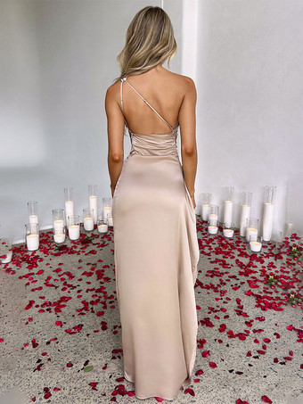 パーティードレス シャンパン ワンショルダー プリーツ ハイスリット セクシー プロム マキシドレス