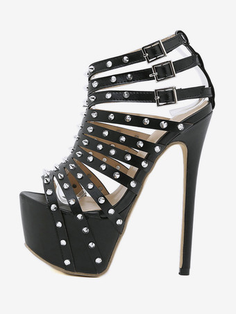 女性のためのセクシーなサンダルPUレザーのぞき見つま先スチレットヒールブラックスカイハイヒール ポールダンスシューズ