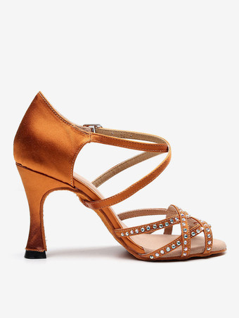 女性用 社交ダンスラテンシューズ 絹織物 ピープトゥ ハイヒール ゴブレット ブラウン ラインストーン ラグジュアリー サルサダンスシューズ