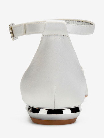 ウェディングシューズホワイトサテンパールラウンドトゥフラットブライダルシューズ