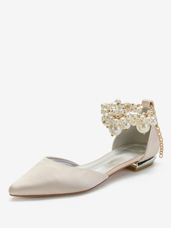 Zapatos de boda de champán Perlas de punta puntiaguda de satén Zapatos de novia planos