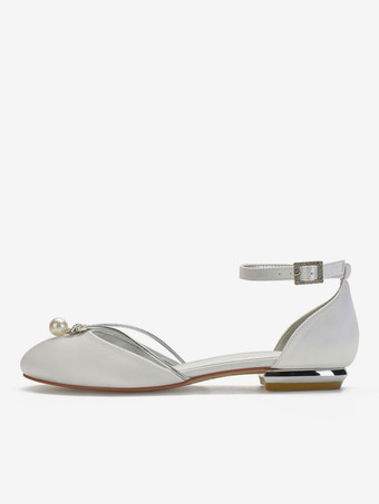 ウェディングシューズホワイトサテンパールラウンドトゥフラットブライダルシューズ