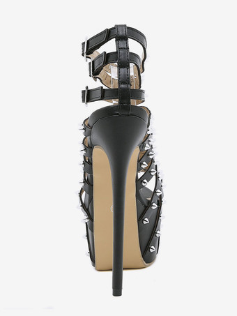 女性のためのセクシーなサンダルPUレザーのぞき見つま先スチレットヒールブラックスカイハイヒール ポールダンスシューズ