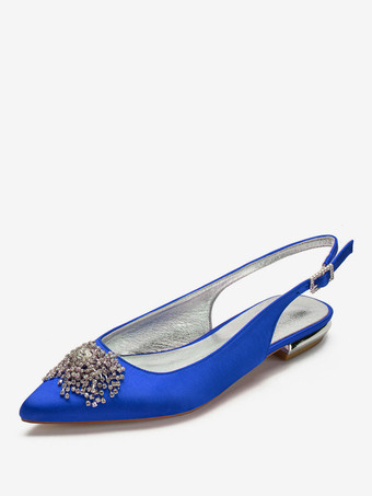 結婚式のゲストの靴アイボリーの先のとがったつま先ラインストーンフラット0.6 "花嫁の靴のサテン母ブライダルシューズ