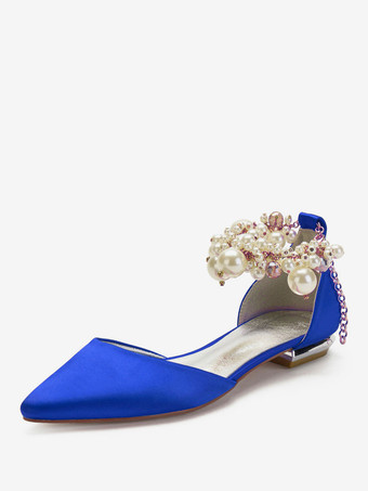 Champagner Hochzeitsschuhe Satin Pointed Toe Pearls Flache Brautschuhe