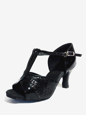 ブラック ラテンダンスシューズ　2025　キラキラ　オープントゥ　Tタイプ　ダンスシューズ　ゴールド　ボールルームシューズ