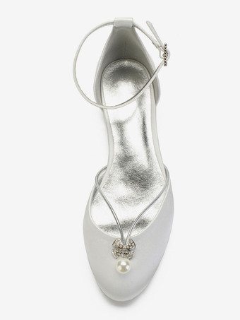 ウェディングシューズホワイトサテンパールラウンドトゥフラットブライダルシューズ