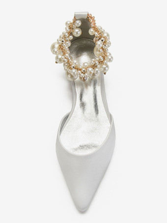 Champagner Hochzeitsschuhe Satin Pointed Toe Pearls Flache Brautschuhe