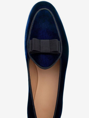 メンズ ベルギーローファー パーティーシューズ ベルベット ラウンドトゥ ボウ スリッポン ローファー ディープブルー プロムシューズ