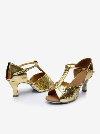 ラテンダンスシューズ　2025　キラキラ　オープントゥ　Tタイプ　ダンスシューズ　ゴールド　ボールルームシューズ