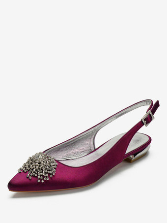 ワインレッド 結婚式のゲストの靴アイボリーの先のとがったつま先ラインストーンフラット0.6 "花嫁の靴のサテン母ブライダルシューズ