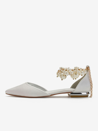 Champagner Hochzeitsschuhe Satin Pointed Toe Pearls Flache Brautschuhe