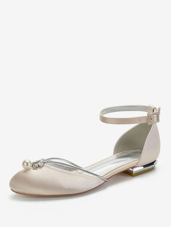 シャンパンカラーウェディングシューズホワイトサテンパールラウンドトゥフラットブライダルシューズ