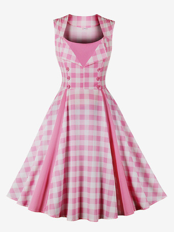 ヴィンテージ ドレス 1950 年代 ギンガム オードリー ヘプバーン スイング ドレス バービー ピンク
