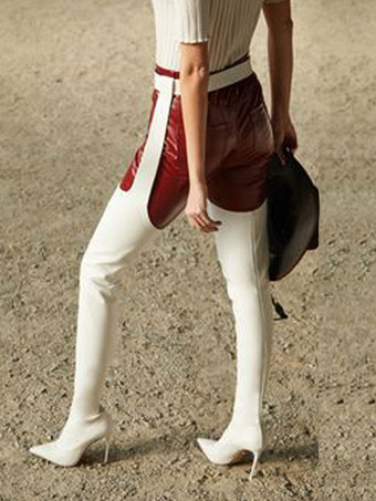 女性のセクシーなブーツは膝の上に尖ったスリップオンバックルスティレットヒールを膝の上に