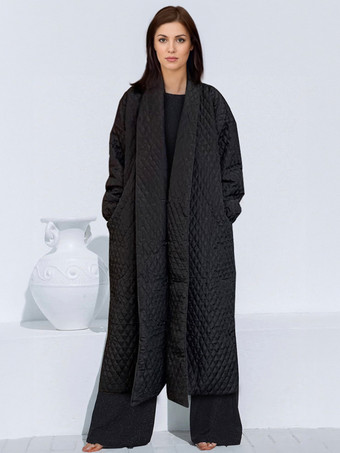 Quilted Coats Black Turndown Collar Long Sleeves Oversized Outerwear