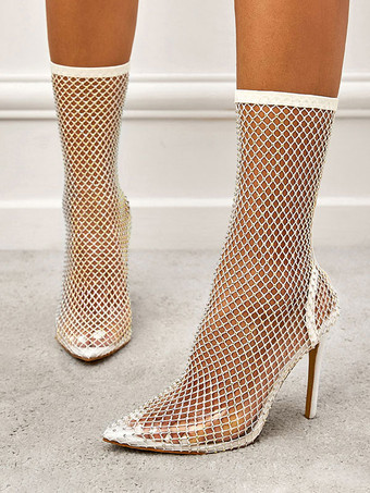 ホワイト 女性用クリアブーツポインテッドトゥハイヒールスタッズ透明ブーツセクシーフィッシュネットソックスブーツ