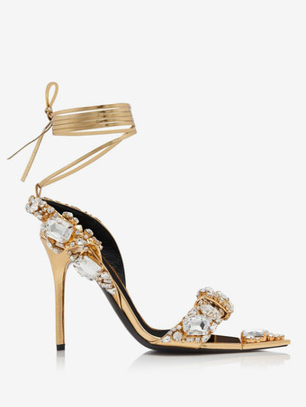 Sandales À Talons Hauts Lacet À Cheville Strass Chaussures De Bal Femmes De Soirée