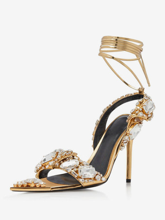 Sandales À Talons Hauts Lacet À Cheville Strass Chaussures De Bal Femmes De Soirée