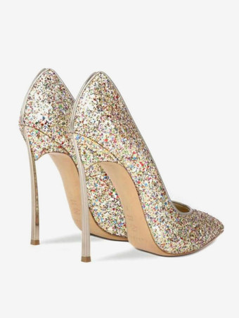 レディースパンプスハイヒールパーティーシューズゴールドポインテッドトゥイブニングシューズ