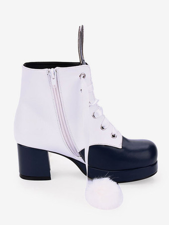 古典的なロリータブーツバニー耳ポンポン2トーンチャンキーハイヒールロリータ靴