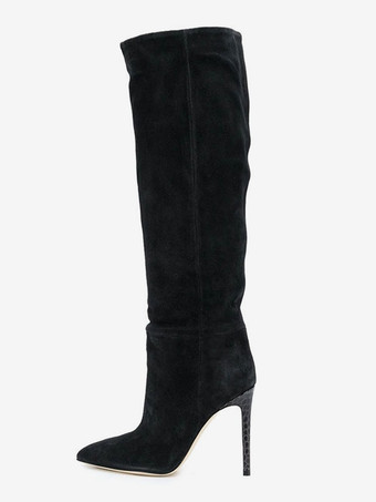 レディース マイクロスエード ハイヒールブーツ ポインテッドトゥ 膝丈ブーツ