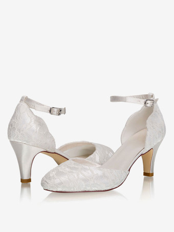 アンクルストラップ ウェディングシューズ オルセー 子猫ヒール 2.6インチ ブライダルシューズ レース ヴィンテージ ウェディングシューズ