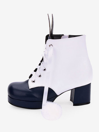 古典的なロリータブーツバニー耳ポンポン2トーンチャンキーハイヒールロリータ靴