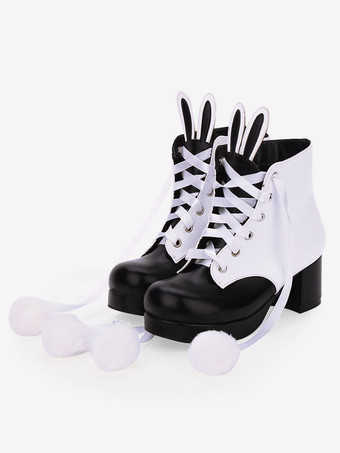 ブラック 古典的なロリータブーツバニー耳ポンポン2トーンチャンキーハイヒールロリータ靴