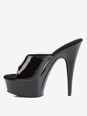 ハイヒールセクシーサンダルブラックPUレザーピープトウシューズスティレットフラットフォームサンダル ポールダンスシューズ