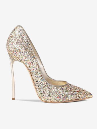 レディースパンプスハイヒールパーティーシューズゴールドポインテッドトゥイブニングシューズ