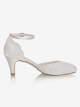 アンクルストラップ ウェディングシューズ オルセー 子猫ヒール 2.6インチ ブライダルシューズ レース ヴィンテージ ウェディングシューズ